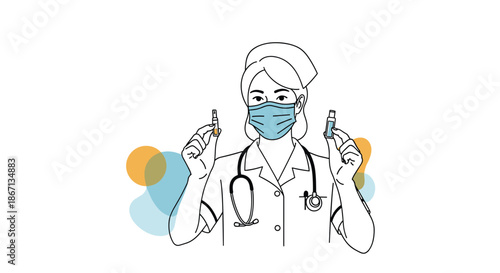 Professional female nurse wearing a medical face mask and cap holding two vials of medicine or vaccine in her hands.