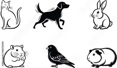 cat, dog, rabbit, hamster, bird, guinea pig, pet silhouettes, cartoon animals, black vector art, cute pets illustration, flat vectorizer
