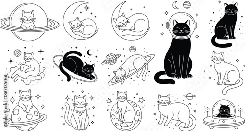 cat, space, astronaut, moon, planet, star, galaxy, vector, illustration, drawing, blackwhite, whimsical, cosmic, floating, helmet