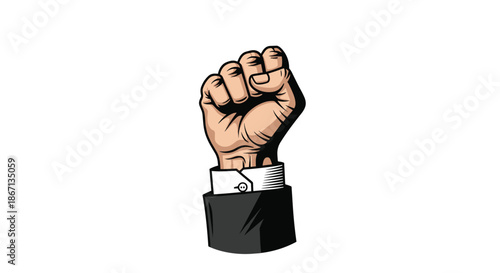 Powerful illustration of a raised clenched fist in a black business suit sleeve symbolizing success and protest on white background.