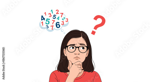 Young girl wearing glasses looking thoughtful with colorful numbers in a thought cloud and a large red question mark on her side.