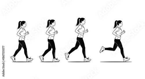 Black and white illustrative sequence showing the different phases of a woman running from walking to full sprint on a white background.