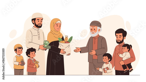 Illustration of people in traditional attire exchanging a gift basket during Ramadhan, symbolizing Zakat and Charity, conveying a sense of community and generosity with a warm color palette.