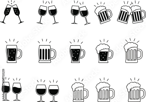 Celebration drinkware icon set, wine glass champagne flute beer mug collection, clinking toast symbols, festive black flat cad illustration