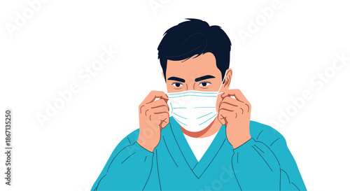 Professional healthcare worker in blue scrubs carefully putting on a protective surgical face mask for hygiene and safety purposes.