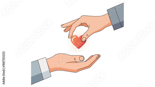 Vector illustration of two hands exchanging a red heart on a clean white background, symbolizing charity and gift giving during Ramadhan and Eid Mubarok, conveying a sense of kindness and