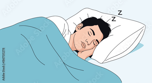 Young man sleeping peacefully in a comfortable bed with a blue blanket and a white pillow with sleep symbols on a light background.