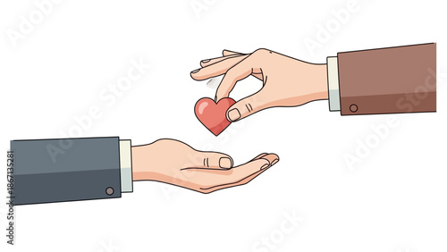 Vector illustration of two hands exchanging a heart symbolizing charity, gift, and zakat during Ramadhan or Eid Mubarok, conveying a sense of generosity and kindness on a plain white