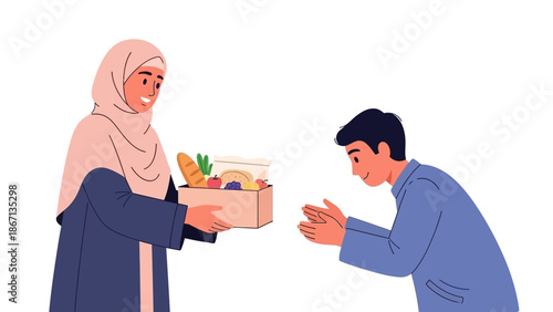 A woman in a headscarf handing a gift box of food to a man in a blue shirt on a white background, conveying a sense of charity and generosity during Ramadhan.