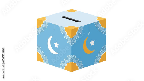 A blue and yellow donation box with a crescent moon and star design, representing charity and zakat for Ramadhan and Eid Mubarok, on a white background.