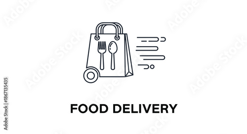 Minimalist food delivery service logo featuring a paper bag with a fork and spoon icon and a small wheel indicating fast transport.