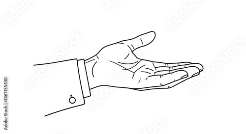 Simple line drawing of a person in a suit sleeve with an open palm gesture of giving or presenting something on a white background.