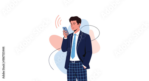 Professional businessman in a navy suit and plaid trousers checking his smartphone against an abstract colorful shape background.