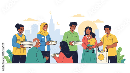 Illustration of diverse people sharing food and gifts during Ramadhan Eid Mubarok celebration with a cityscape background conveying a culture of charity and community.