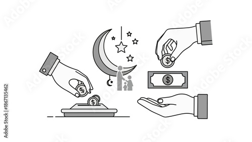 Vector illustration of hands exchanging money and a gift during Ramadhan for Zakat and Charity with Eid Mubarok elements on a white background