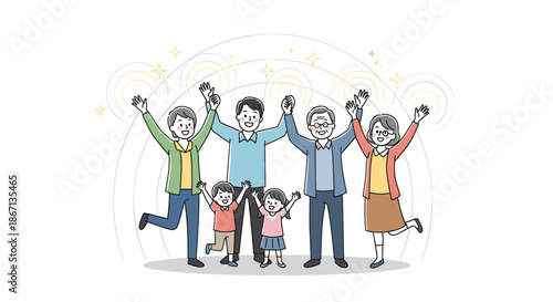 Happy diverse family with grandparents, parents, and children holding hands and cheering with raised arms together in a bright scene.