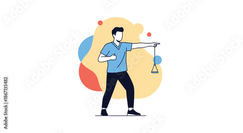 Male instructor in blue medical scrubs performs a controlled arm exercise using a cable machine against a colorful abstract background.