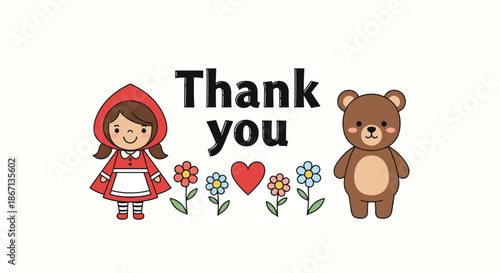 Sweet Thank You card featuring a cartoon girl in a red hood standing next to colorful flowers, a heart, and a friendly brown bear.