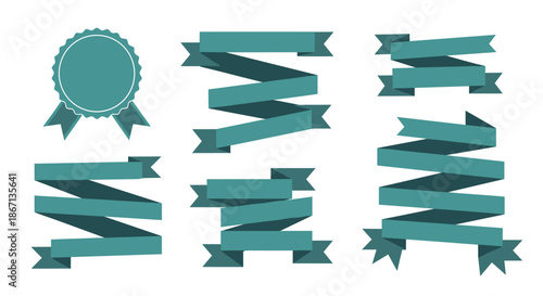 Collection of blank teal colored ribbon banners and a circular seal badge for awards, labels, and graphic design projects.