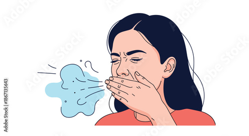 Woman with dark hair covers her mouth with her hand while coughing or sneezing, depicting common symptoms of illness or allergies.