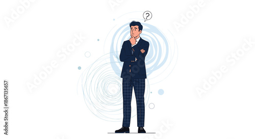 Full body illustration of a pensive businessman in a navy suit standing with crossed arms and a question mark thinking about a problem.