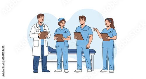 Team of medical professionals including a doctor and nurses wearing scrubs and white coats while holding clipboards in a hospital setting.
