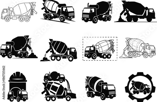 cement, mixer, truck, construction, vehicle, industry, transport, silhouette, concrete, machinery, worker, site, equipment, heavy, tool, engineering, infrastructure, building, labor, design
