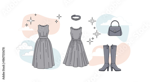Collection of fashion items including a grey dress, belt, handbag, and boots against a whimsical background with stars and clouds.