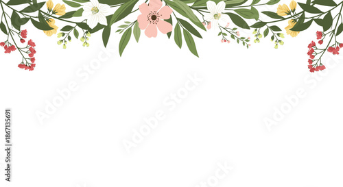 Beautiful horizontal floral border featuring pink and white flowers with green leaves and red berries along the upper edge of the frame.