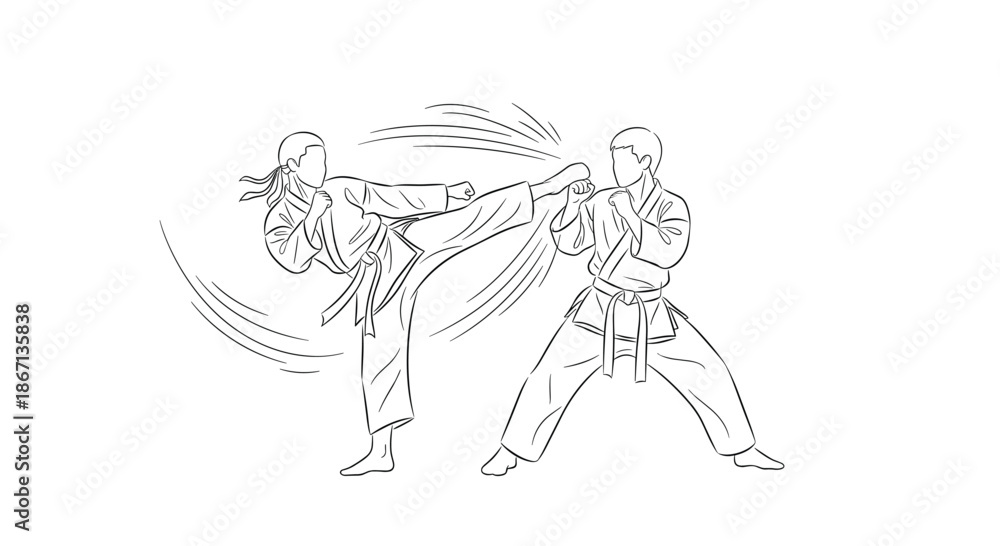 Obraz premium Intense martial arts line drawing showing two fighters practicing karate or taekwondo during a training session.