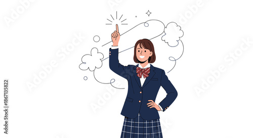 Japanese high school girl in uniform pointing up towards a bright idea bubble symbol against a colorful background.