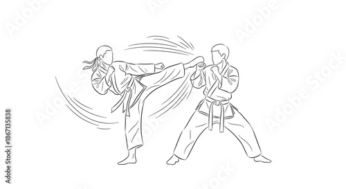 Intense martial arts line drawing showing two fighters practicing karate or taekwondo during a training session.