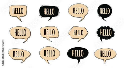 Large collection of diverse speech bubbles with the word hello written in various styles, shapes, and colors.