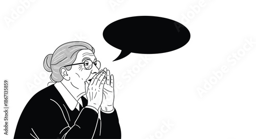 Expressive line drawing of an elderly woman shouting or sharing a secret through her hands with a speech bubble.