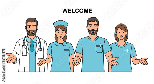 Friendly medical team of doctors and nurses standing together and offering a warm welcome with open hand gestures.