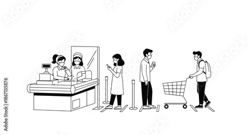 Illustration showing diverse people maintaining social distance in a supermarket queue to ensure health and safety.