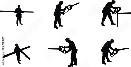 Chainsaw worker silhouette, construction labor artwork, woodworking power tool design, industrial safety illustration, skilled tradesman art