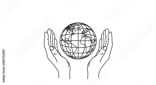 Simple line drawing of two human hands carefully holding and protecting the planet Earth globe with great care.