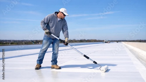 Waterproofing specialist applies white liquid roofing to the roof using a roller