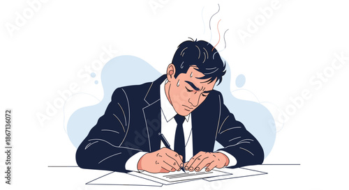 Stressed businessman working hard at his office desk while sweating and writing on important paper documents.