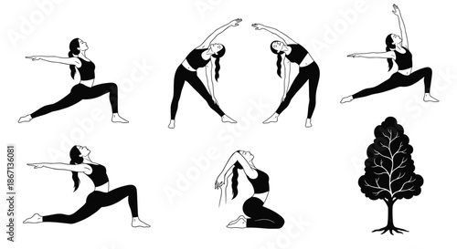 Black and white illustration showing various yoga poses and silhouettes of woman stretching next to decorative tree.