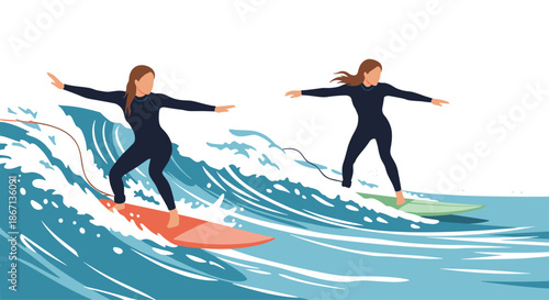 Two active women surfing on large ocean waves with colorful surfboards during a bright and sunny summer day.