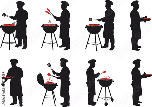 Chef grilling silhouettes, barbecue cooking, outdoor food preparation, culinary art, kitchen tools, meat on grill, flame, smoke, restaurant scene – flat vector illustration