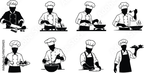Chefs cooking, preparing meals, tasting food, plating dishes, baking bread, culinary teamwork, kitchen activities, flat vector illustration