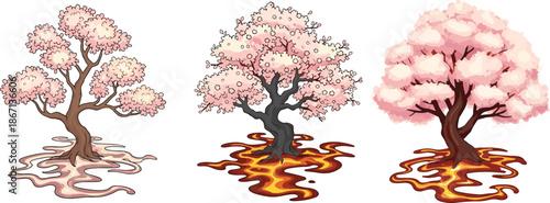 Cherry blossom trees, pink flowers, spring season, blooming nature, surreal lava ground, artistic fantasy landscape, digital tree illustration, glowing lava, creative nature art, fantasy environment