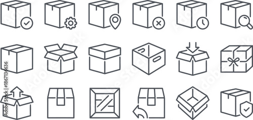 box, icon, line art, delivery, logistics, shipping, handling, package, cargo, parcel, container, symbol, vector, illustration, design, graphic, element, sign, flat, outline, stroke, check mark, gear, 