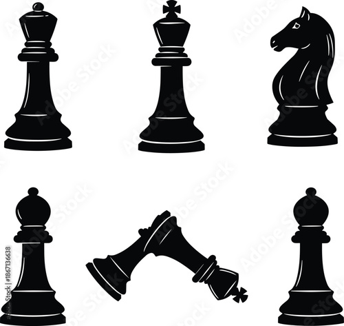 Chess pieces silhouette set, king queen knight bishop, toppled king checkmate, strategy game concept, victory and defeat illustration design