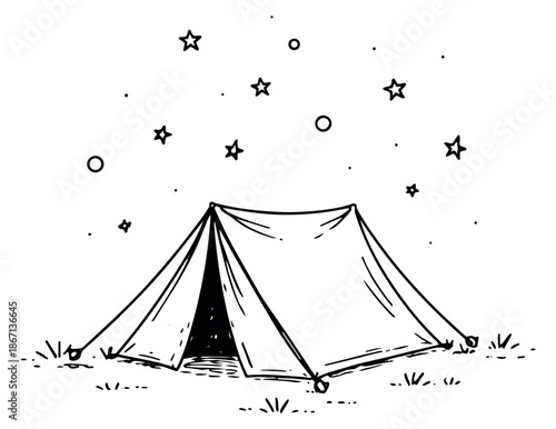 Hand drawn line art illustration of a camping tent depicting a starry night for outdoor adventure