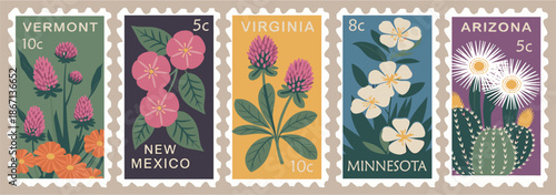 Set of five vintage-style postage stamps featuring state flowers from Vermont, New Mexico, Virginia, Minnesota, and Arizona with botanical designs.