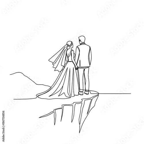 Bride and groom stand hand in hand on mountain cliff edge, her veil flowing in wind, gown billowing. The loving couple admires vast landscape, evoking romance, adventure, eternal commitment